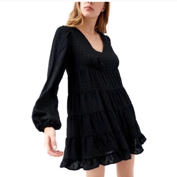 Urban Outfitters Womens Textured Long Sleeve Black Tiered Mini Dress Size XL - Picture 2 of 8